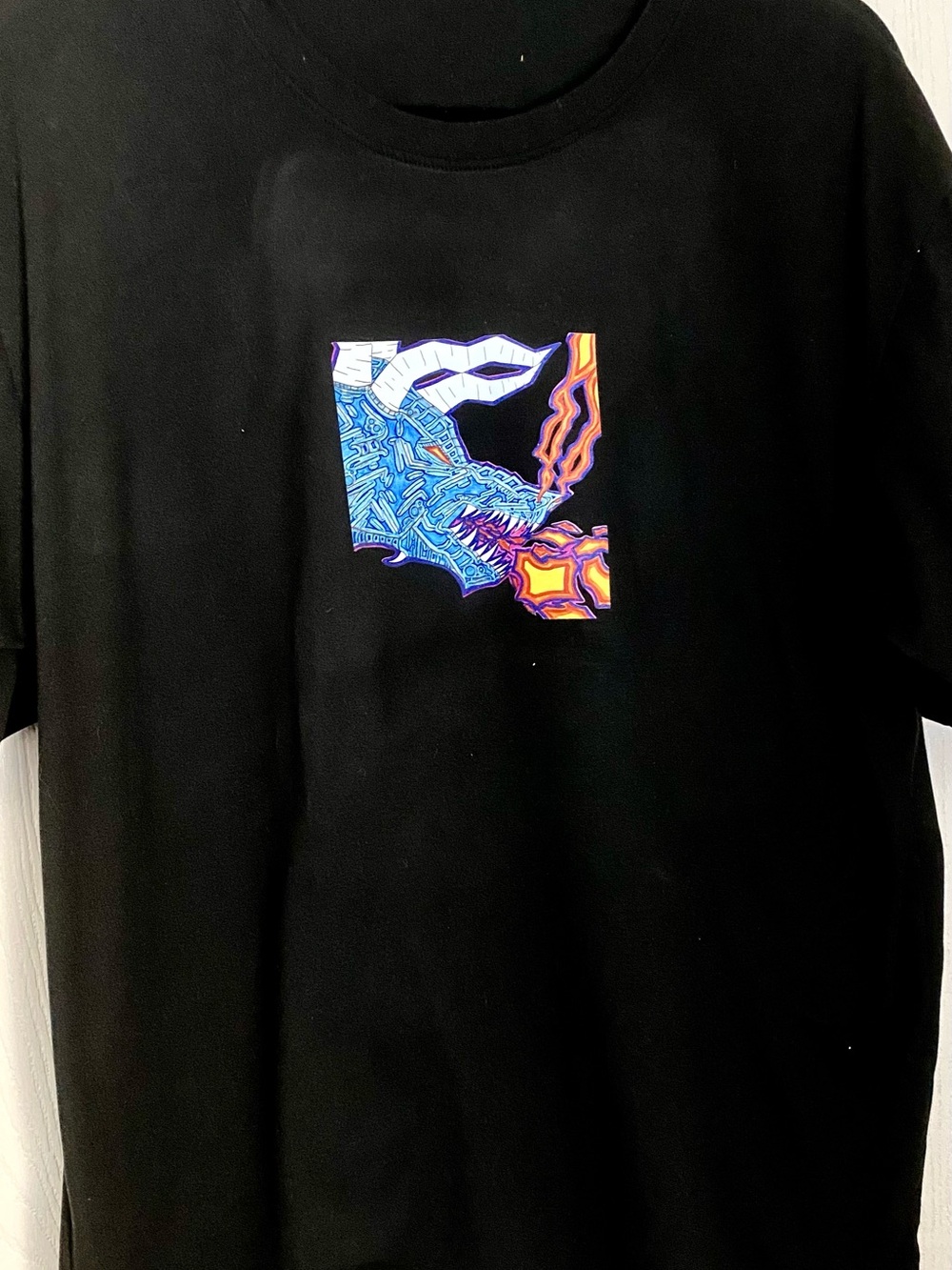 Black Graphic Short Sleeve Tee with Neon Dragon Artwork